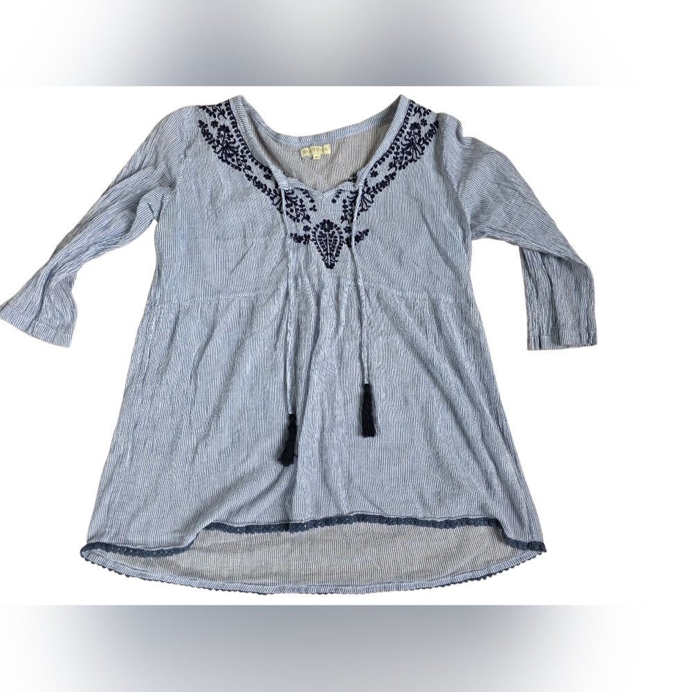 Rubyyaya Striped Tasseled Embroidered Tunic Top With Pom-Pom Hem Detail Size M